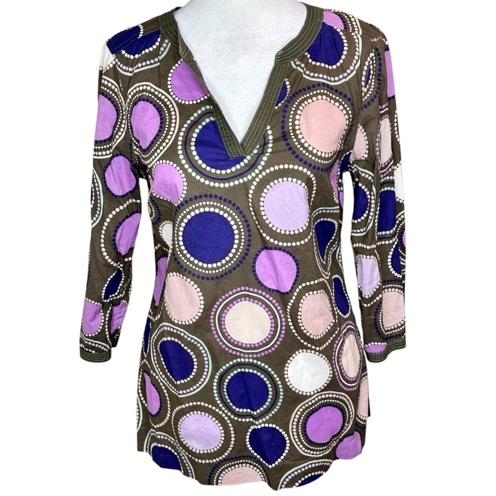 Boden Polka Dot Split Neck 3/4 Sleeve 100% Cotton Top Size 2